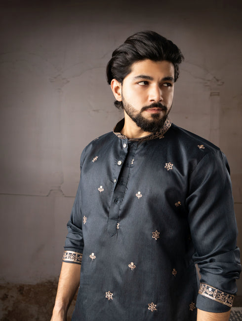 Navy Blue Linen Mens Kurta With Payjama - Side View | Samyak Fashion