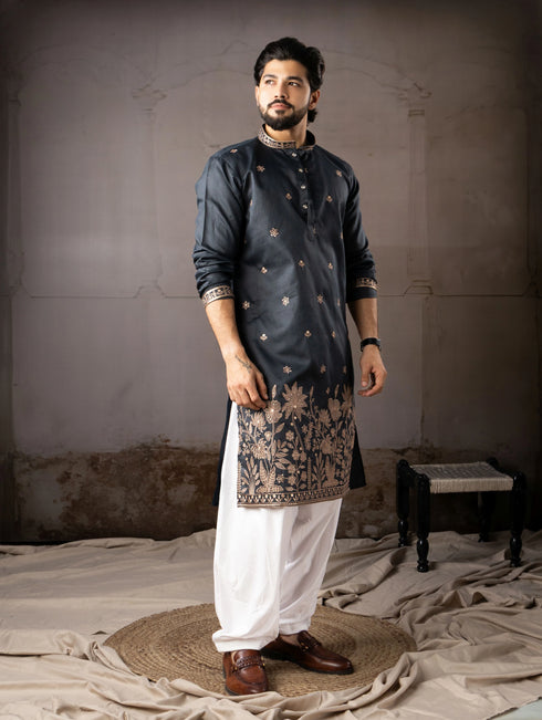 Navy Blue Linen Mens Kurta With Payjama - Close-up View | Samyak Fashion