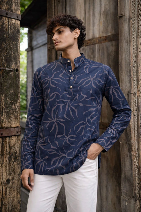 Navy Blue Linen Mens Short Kurta - Front View | Samyak Fashion