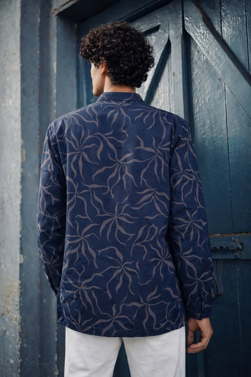 Navy Blue Linen Mens Short Kurta - Back View | Samyak Fashion