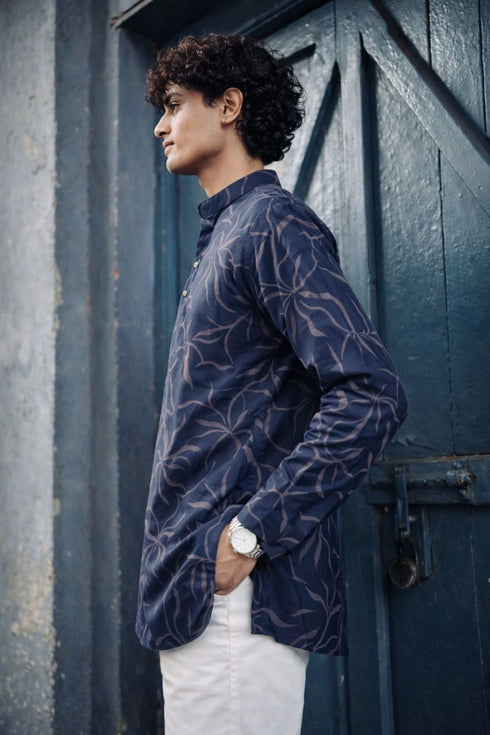Navy Blue Linen Mens Short Kurta - Side View | Samyak Fashion