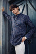 Navy Blue Linen Mens Short Kurta - Detail View | Samyak Fashion