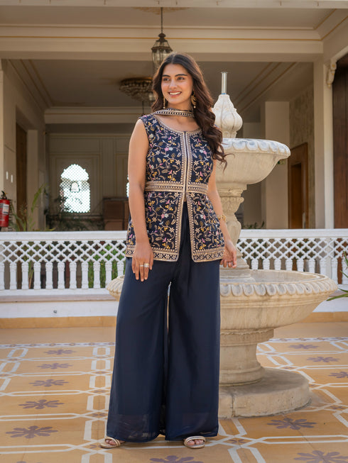 Navy Blue Premium Star Georgette Salwar Suit - Front View | Samyak Fashion