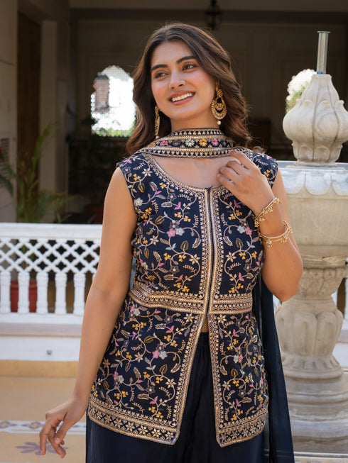 Navy Blue Premium Star Georgette Salwar Suit - Front View | Samyak Fashion