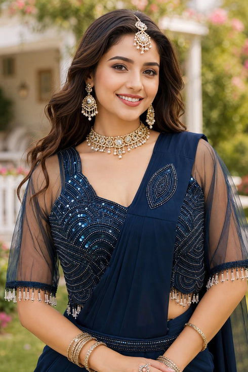 Navy Blue Real Premium Lycra Saree With Blouse - Back View | Samyak Fashion