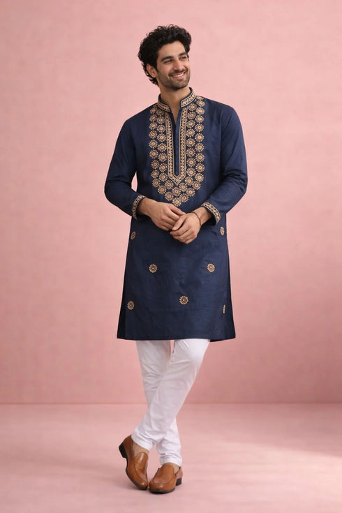 Navy Blue Rolex Silk Mens Kurta With Payjama - Front View | Samyak Fashion