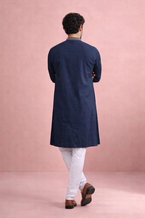 Navy Blue Rolex Silk Mens Kurta With Payjama - Back View | Samyak Fashion