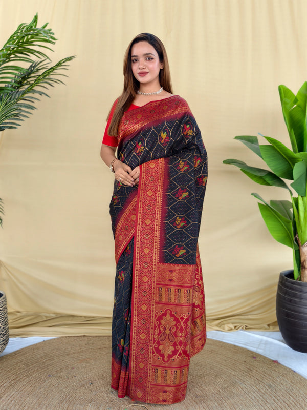 Navy Blue Silk Elegant Party Wear Saree Collection With Blouse - Front View | Samyak Fashion