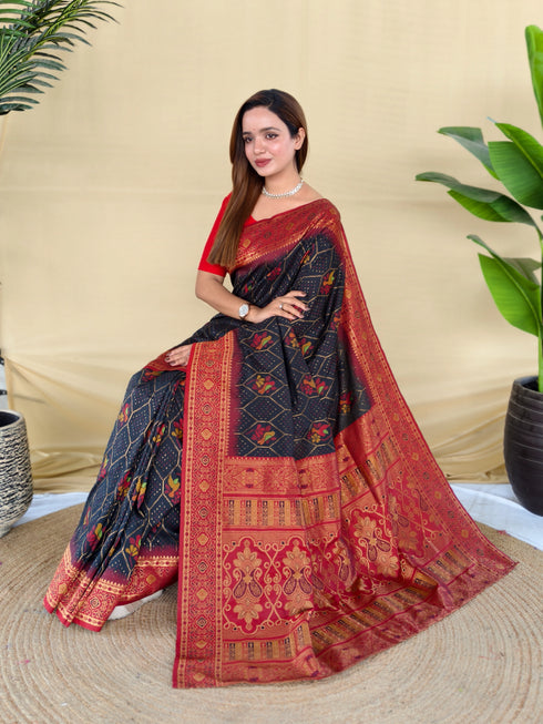 Navy Blue Silk Elegant Party Wear Saree Collection With Blouse - Side View | Samyak Fashion