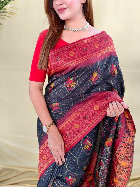 Navy Blue Silk Elegant Party Wear Saree Collection With Blouse - Full View | Samyak Fashion