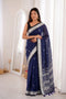 Navy Blue Soft Lilan Slub Party Wear Saree With Blouse - Front View | Samyak Fashion