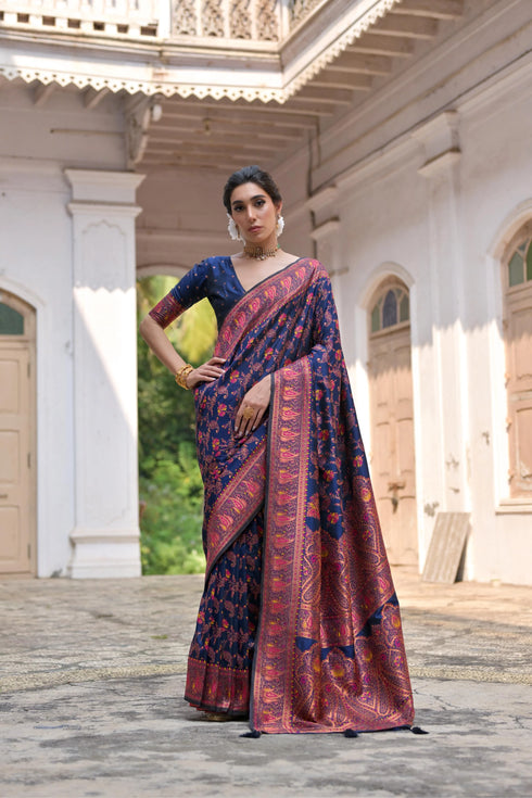 Navy Blue Soft Pashmina Silk Designer Function Wear Saree Collection With Blouse - Front View | Samyak Fashion