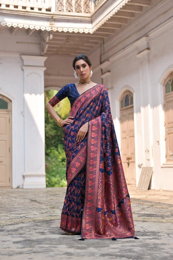 Navy Blue Soft Pashmina Silk Designer Function Wear Saree Collection With Blouse - Front View | Samyak Fashion