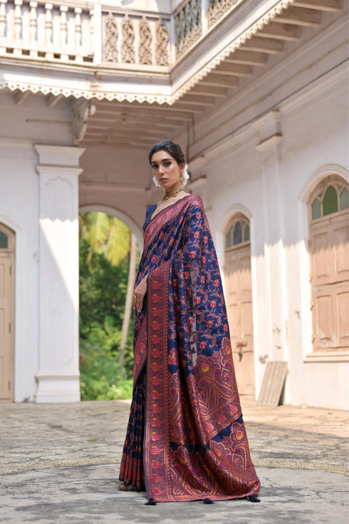 Navy Blue Soft Pashmina Silk Designer Function Wear Saree Collection With Blouse - Back View | Samyak Fashion