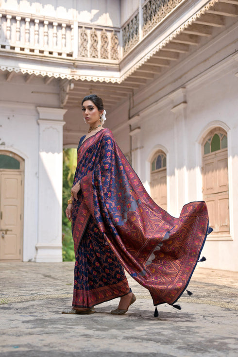 Navy Blue Soft Pashmina Silk Designer Function Wear Saree Collection With Blouse - Side View | Samyak Fashion