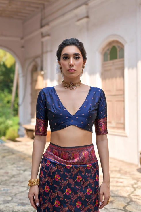 Navy Blue Soft Pashmina Silk Designer Function Wear Saree Collection With Blouse - Styled View | Samyak Fashion