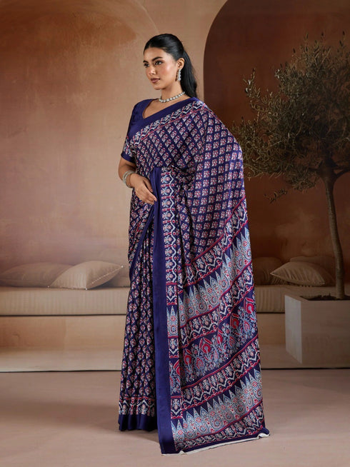 Navy Blue Soft Satin Georgette Elegant Party Wear Saree Collection With Blouse - Back View | Samyak Fashion