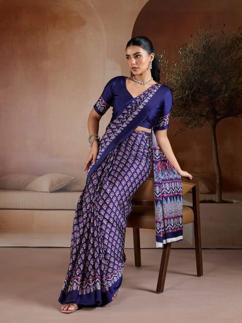 Navy Blue Soft Satin Georgette Elegant Party Wear Saree Collection With Blouse - Side View | Samyak Fashion