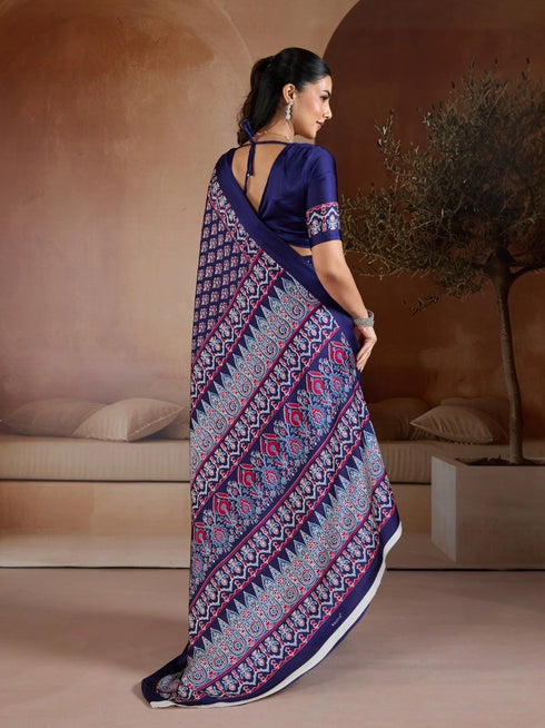 Navy Blue Soft Satin Georgette Elegant Party Wear Saree Collection With Blouse - Detail View | Samyak Fashion