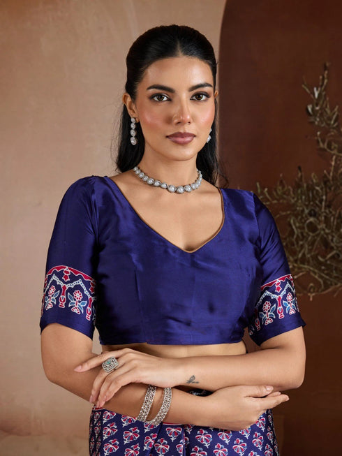 Navy Blue Soft Satin Georgette Elegant Party Wear Saree Collection With Blouse - Full View | Samyak Fashion