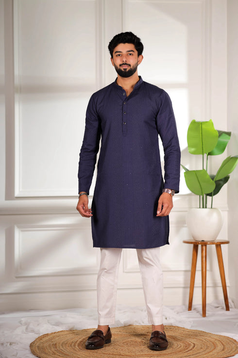 Nevy Blue Cotton Mens Kurta With Payjama - Front View | Samyak Fashion