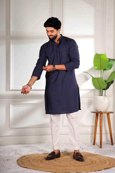 Nevy Blue Cotton Mens Kurta With Payjama - Close-up View | Samyak Fashion