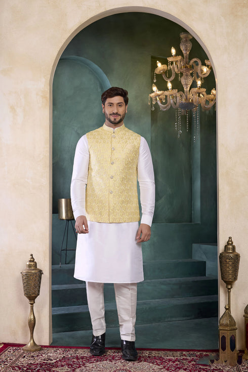Off White Banarasi Silk Mens Mans - Front View | Samyak Fashion