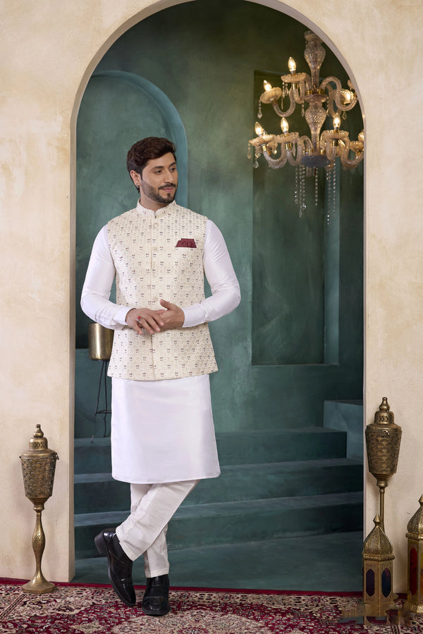 Off White Banarasi Silk Mens Mans - Front View | Samyak Fashion