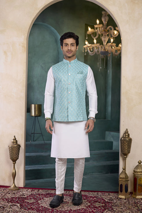 Off White Banarasi Silk Mens Mans - Front View | Samyak Fashion