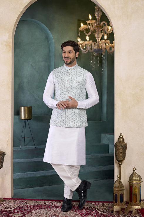 Off White Banarasi Silk Mens Mans - Front View | Samyak Fashion