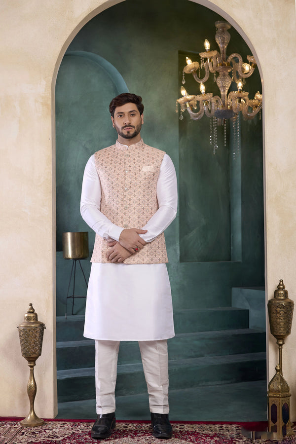 Off White Banarasi Silk Mens Mans - Front View | Samyak Fashion