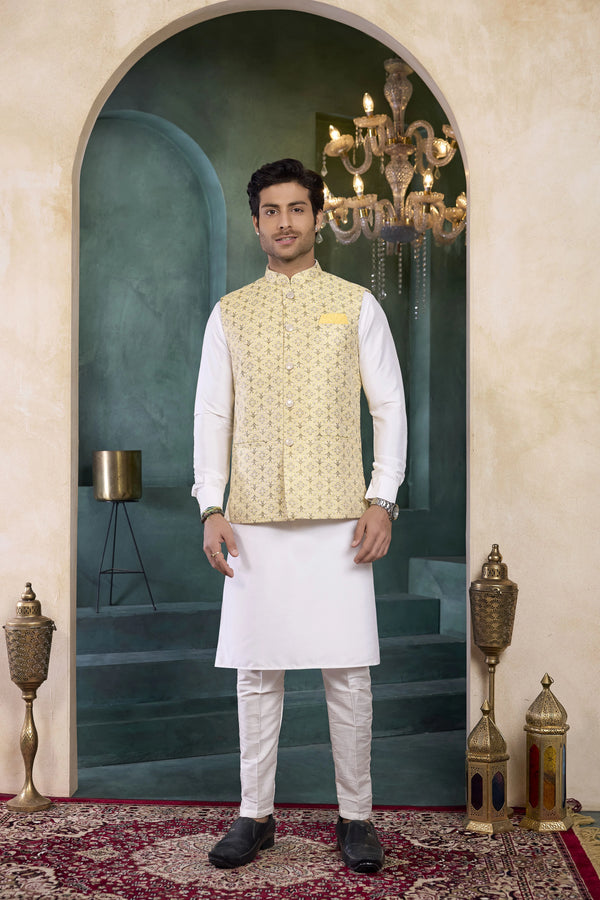 Off White Banarasi Silk Mens Mans - Front View | Samyak Fashion