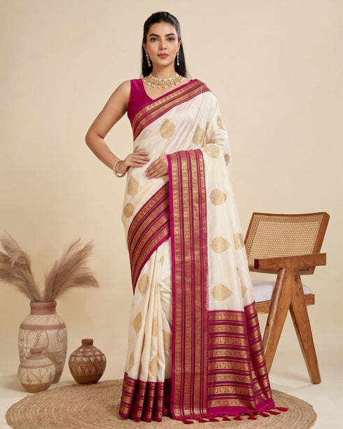 Off White Banarasi Soft Silk Elegant Party Wear Saree Collection With Blouse - Front View | Samyak Fashion