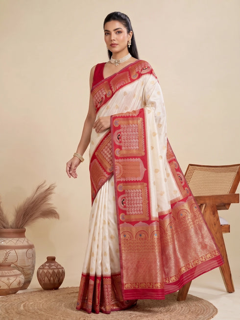 Off White Banarasi Soft Silk Elegant Party Wear Saree Collection With Blouse - Back View | Samyak Fashion