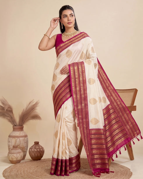 Off White Banarasi Soft Silk Elegant Party Wear Saree Collection With Blouse - Back View | Samyak Fashion