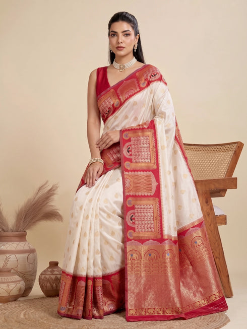 Off White Banarasi Soft Silk Elegant Party Wear Saree Collection With Blouse - Side View | Samyak Fashion