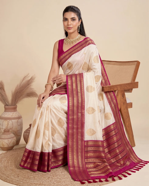 Off White Banarasi Soft Silk Elegant Party Wear Saree Collection With Blouse - Side View | Samyak Fashion
