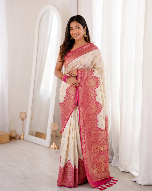 Off White Banarasi Soft Silk Party Wear Saree With Blouse - Front View | Samyak Fashion