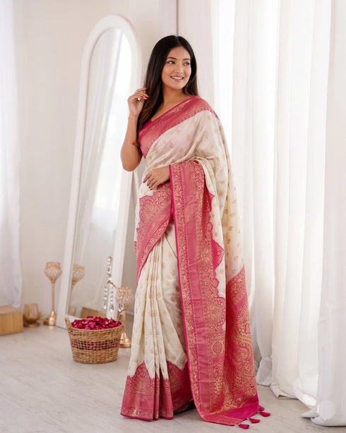 Off White Banarasi Soft Silk Party Wear Saree With Blouse - Side View | Samyak Fashion