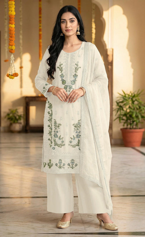 Off White Chiffon Salwar Suit - Front View | Samyak Fashion