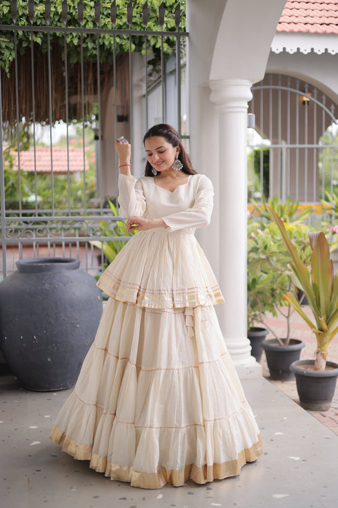 Off White Cora Cotton Lehenga Choli - Front View | Samyak Fashion