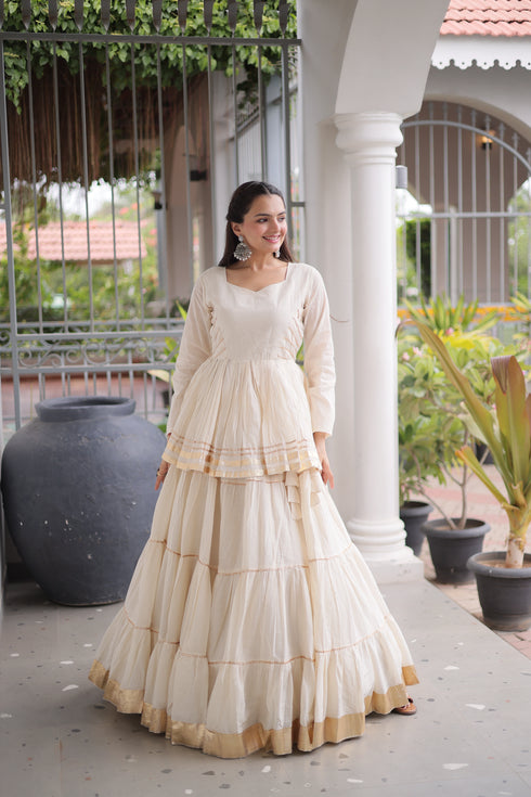 Off White Cora Cotton Lehenga Choli - Side View | Samyak Fashion