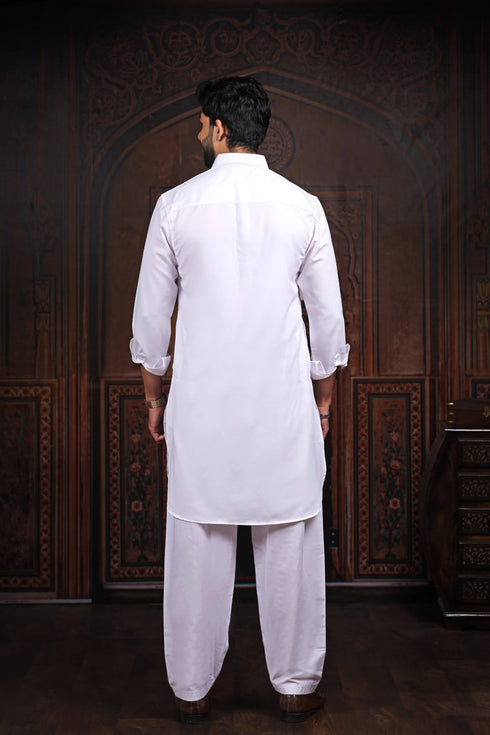 Off White Cotton Satin Mens Pathani Kurta With Payjama - Back View | Samyak Fashion
