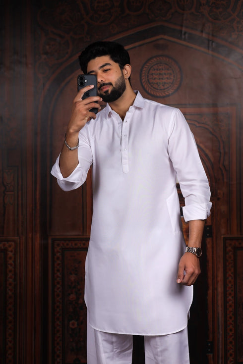 Off White Cotton Satin Mens Pathani Kurta With Payjama - Side View | Samyak Fashion