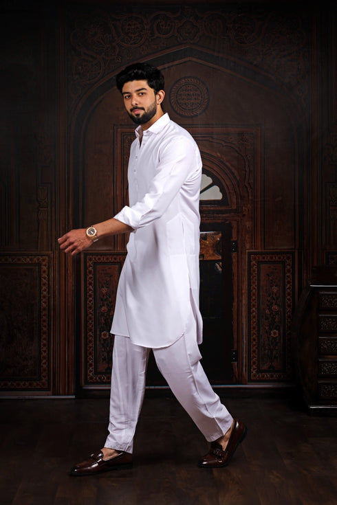 Off White Cotton Satin Mens Pathani Kurta With Payjama - Detail View | Samyak Fashion