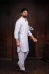 Off White Cotton Satin Mens Pathani Kurta With Payjama - Close-up View | Samyak Fashion