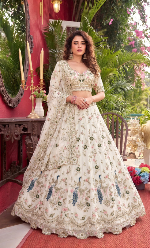 Off White Faux Georgette Lehenga Choli Ethnic Sequins Embroidery Cut Work Lehenga With Cancan & Canvas Patta - Back View | Samyak Fashion