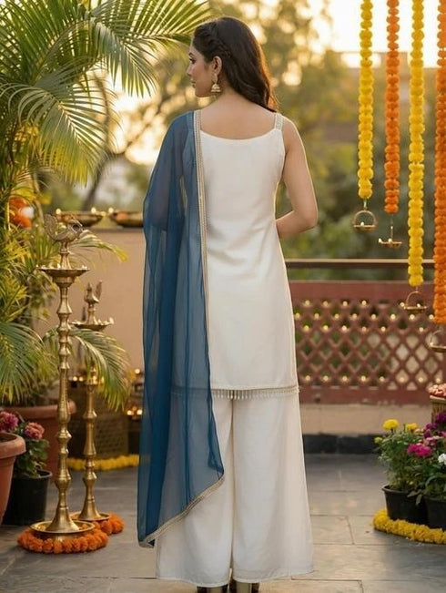 Off White French Crepe Salwar Suits - Back View | Samyak Fashion