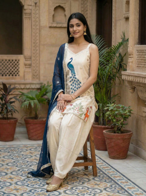 Off White French Crepe Salwar Suits - Side View | Samyak Fashion