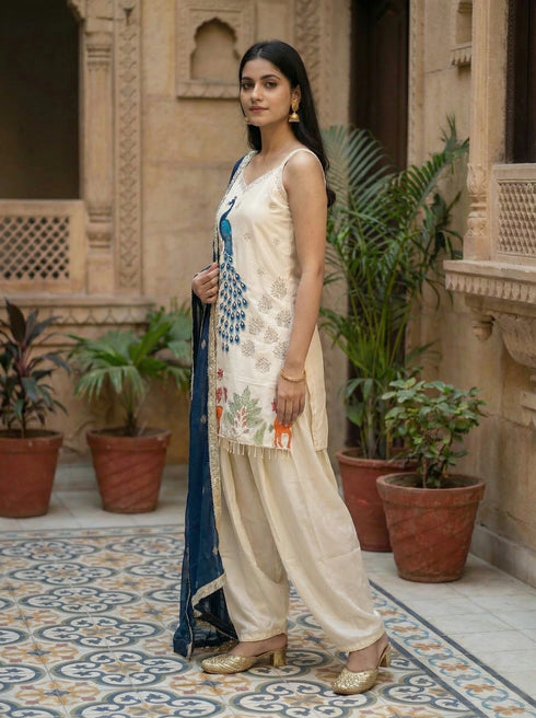 Off White French Crepe Salwar Suits - Detail View | Samyak Fashion